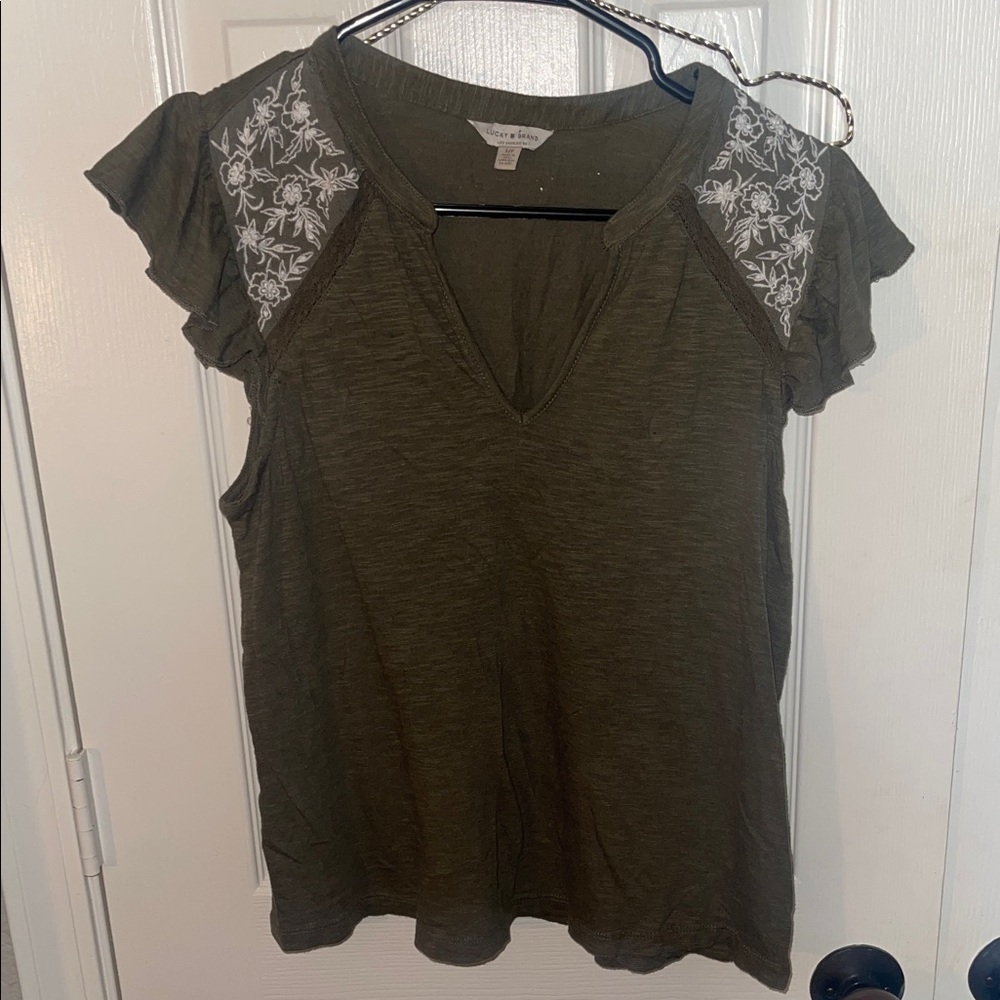 Lucky Brand Olive Blouse with White Floral Details